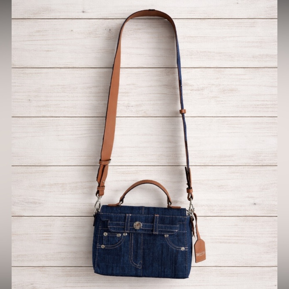 True Religion Denim Shoulder Crossbody Bag Blue Jean Leather Strap NWT